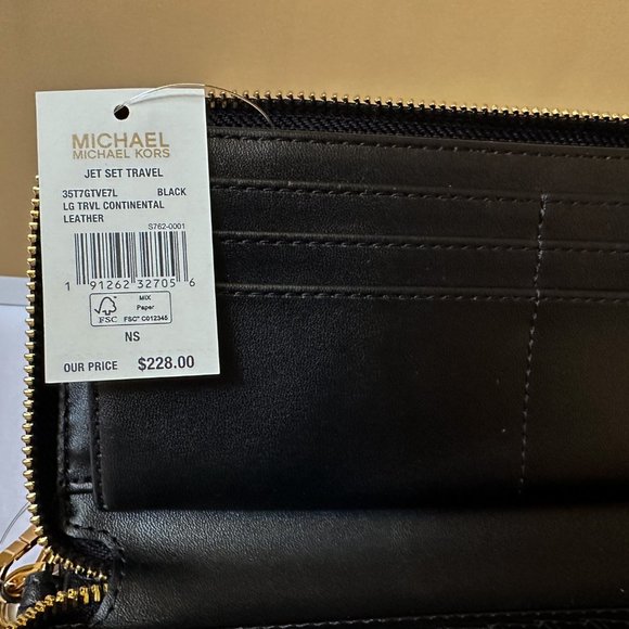 Michael Kors Jet Set Travel Large Continental Leather Wallet Black/Gold - Picture 8 of 10